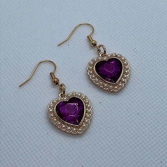 Purple and gold heart earrings with pearl handmade artist made Mothers Day gift - Picture 2 of 8